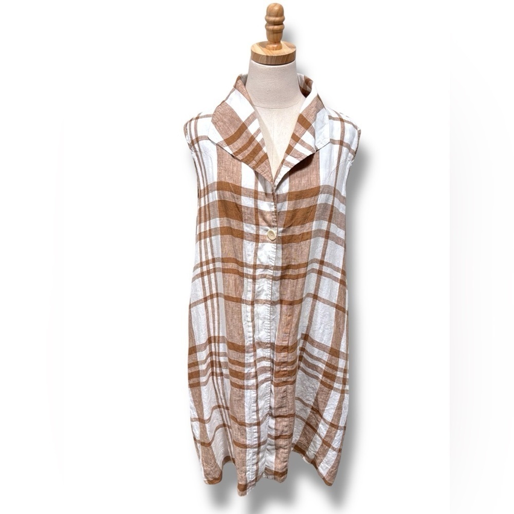 Flax Brown White Plaid 100% Linen Lagenlook Tunic Vest Size Medium